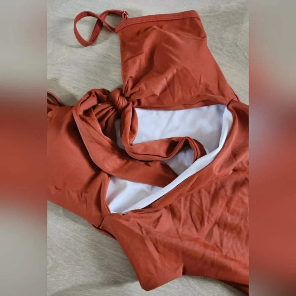 Rust Sm‎ One-Piece Swimsuit Tie Up Exposed Midriff
